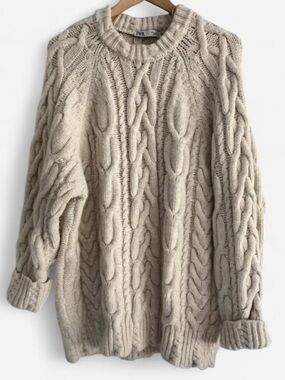 Zara Cream Cable Knit Crewneck Sweater
